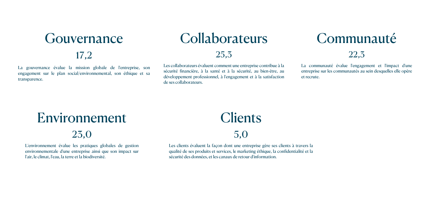 Globale 93,0 Communauté 22,3 Gouvernance 17,2 Collaborateurs 22,3 Environnement 23,0 Clients 5,0